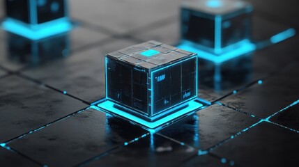 Poster - Futuristic glowing cube data block on dark surface