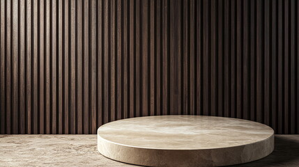 Fototapete - Beige stone tabletop against dark wooden wall panels with vertical slats. Modern empty surface for cosmetics or beverage presentation. Horizontal social media banner with copy space