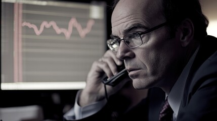 Poster - Businessman on phone reviewing stock market data