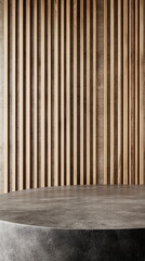 Fototapete - Black concrete tabletop against vertical beige wooden slats. Elegant surface for product displays in modern settings. Vertical social media banner with copy space