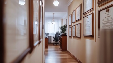 Poster - Hallway Decorated With Framed Certificates And Office Furnishings