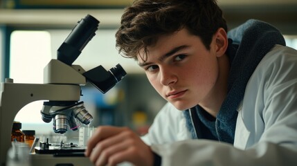 Poster - Young Scientist Uses A Microscope In A Laboratory Setting