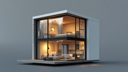 Aufkleber - Isolated 3D rendering of a small, modern house on a gray background with the ability to remove the background (clipping path) and with lights turned on and furniture inside.
