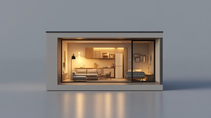 Aufkleber - Isolated 3D rendering of a small, modern house on a gray background with the ability to remove the background (clipping path) and with lights turned on and furniture inside.