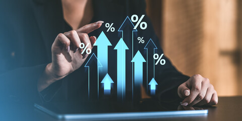 Poster - Businesswoman analyzing growth rate displayed as upward arrows with percentage symbols on futuristic interface.