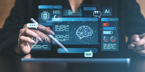 Poster - Holographic interface with AI technology and analytics on tablet screen.
