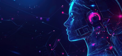 Poster - Futuristic digital woman profile with glowing headset and abstract technology background, showcasing AI and virtual reality concepts, copy space for text