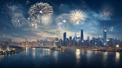 Wall Mural - Lunar New Year fireworks over the city skyline, backlighting, light background with space on the right side of the frame,generative ai illustration