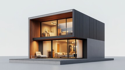Aufkleber - Isolated 3D rendering of a small, modern house on a gray background with the ability to remove the background (clipping path) and with lights turned on and furniture inside.