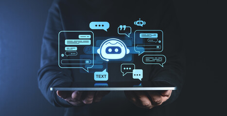 Poster - Chatbot interface hovering above tablet in dark background.