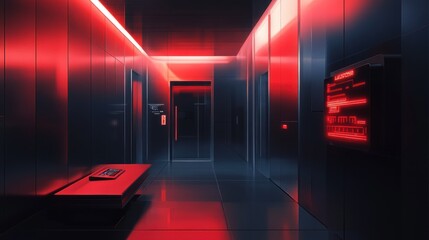 Poster - Red Lit Modern Elevator Hallway Interior Design