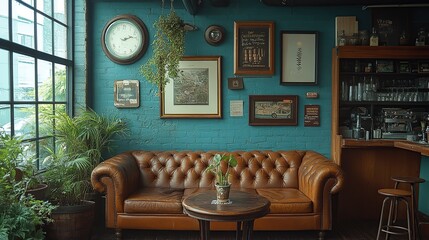 Wall Mural - Teal-walled room with leather couch, plants, wall art, and bar.