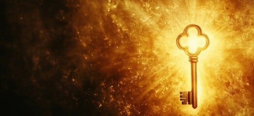 Poster - golden key radiating light against a cosmic background, symbolizing unlocking potential and discover