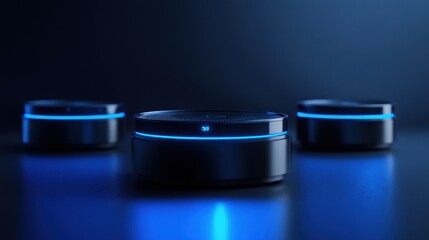 Poster - Three Sleek Black Smart Speakers with Blue Lighting