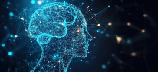 Poster - Digital Brain Visualization with Neural Connections and Light Effects Representing Artificial Intelligence and Human Cognition, copy space for text