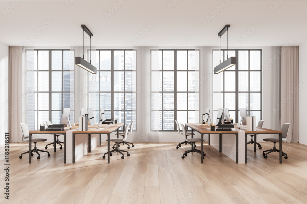 Modern open-space office interior with large windows and wooden ...