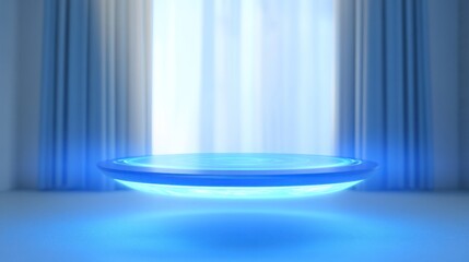 Poster - Futuristic Blue Platform Hovers Before Draped Curtains