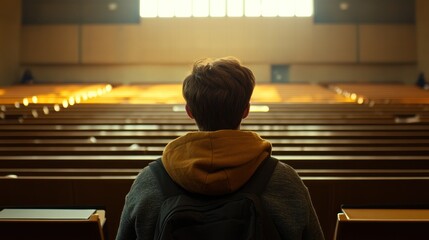 Poster - Student contemplating in a large lecture hall