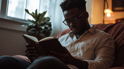 Poster - Young Man Reading Book in Comfortable Chair