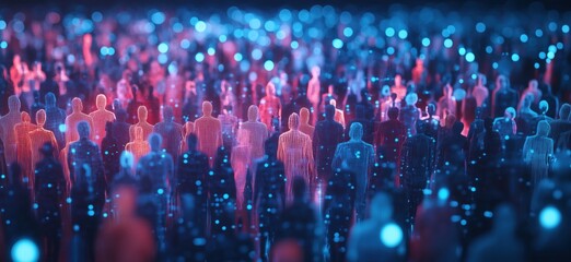 Poster - Digital crowd of people represented in vibrant colors, showcasing a futuristic and abstract interpretation of a large gathering, illuminated by glowing lights, copy space for text