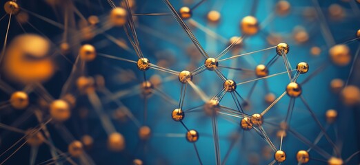 Poster - molecular structure visualization with golden atoms and connecting bonds, abstract scientific backgr