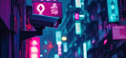 Poster - Surveillance camera in neon-lit urban street, vibrant colors, city nightlife, modern technology, urban security, illuminated signs, copy space for text