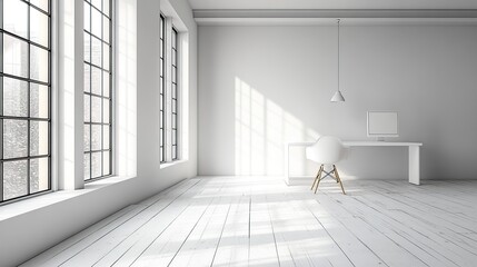 Wall Mural - Minimalist white room with large windows, desk, and chair.