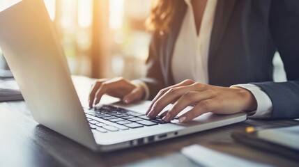 Poster - Businesswoman working on laptop computer in office setting