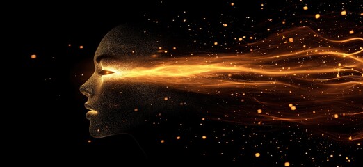 Poster - ethereal woman's profile with flowing golden energy and sparkles, symbolizing transformation and cre
