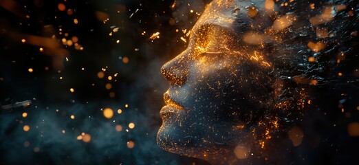 Poster - ethereal portrait of a woman with glowing particles and sparks, showcasing a mesmerizing blend of li