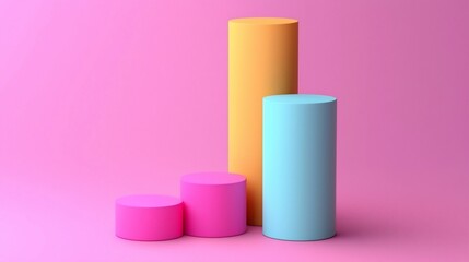 Poster - Three pastel cylinders ascending, pink background.