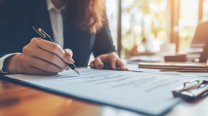 Poster - Businesswoman signing important contract documents at her desk