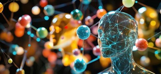 Poster - Digital representation of human consciousness with interconnected neural networks and abstract spheres symbolizing thoughts and ideas, copy space for text