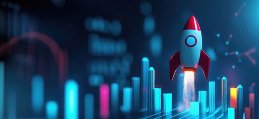 Poster - Rocket Launching Amidst Digital Data Visualization and Graphs, Symbolizing Growth and Innovation, copy space for text
