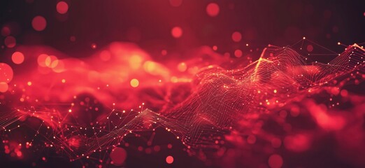 Poster - Abstract red wave patterns with glowing particles and lines creating a dynamic digital landscape, copy space for text