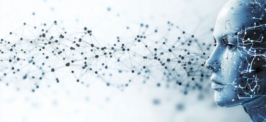Poster - Artificial Intelligence Concept with Human-like Face and Neural Network Connections Representing Advanced Technology and Machine Learning, copy space for text