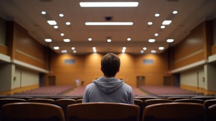 Poster - A lone person sits in an empty auditorium