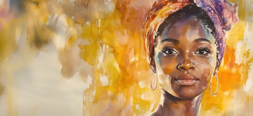 Poster - Portrait of a young Black woman with a colorful headwrap, vibrant watercolor background, showcasing beauty and strength, copy space for text