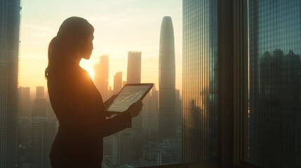 Poster - Businesswoman reviewing data at sunrise overlooking city skyline