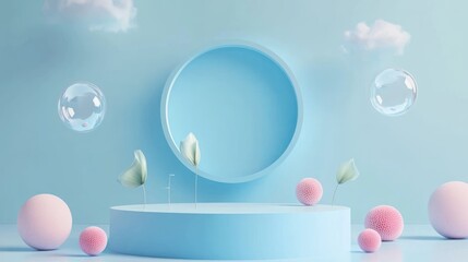 Poster - Pastel Blue Minimalist Display with Floating Bubbles and Plants