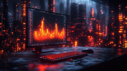 Poster - Cyberpunk Cityscape at Night: Rain-Streaked Window with Glowing Computer Screen Displaying Data Streams