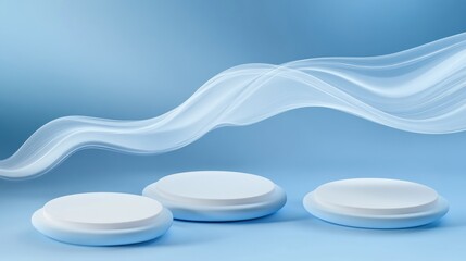 Aufkleber - Abstract Blue Background with Three White Platforms and Flowing Wave