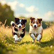 © retirementfun - Two collie puppies chasing each other in the stubblefield, dogs, rural