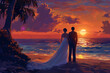 © Noble Nature - Époux, mari et femme, sur le bord d'une plage tropicale au coucher du soleil, ambiance romantique et paisible avec reflets sur l'océan et ciel coloré, scène de mariage idyllique