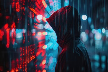 hooded man, hacker in front Of Screens With Digital Information, Cyber Security, Cyber Protection, Data Hacking