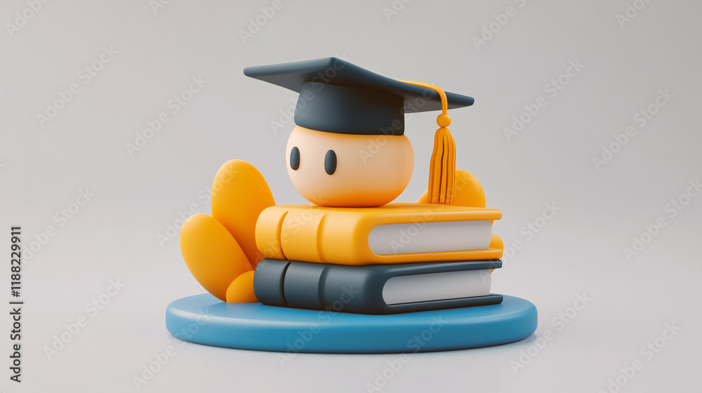 Education background with 3d books stack, ladder and graduation cap ...