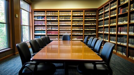 Aufkleber - Conference Room With Extensive Book Collection And Wooden Table