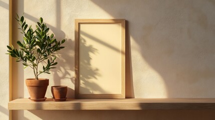 Poster - Wooden Shelf Displaying Plants and a Blank Frame