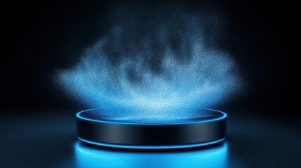Poster - Illuminated Circular Platform with Blue Particle Eruption