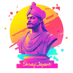 Poster - A stylized bust of Shivaji Maharaj is depicted in vibrant colors against a geometric backdrop celebrating Shivaji Jayanti.